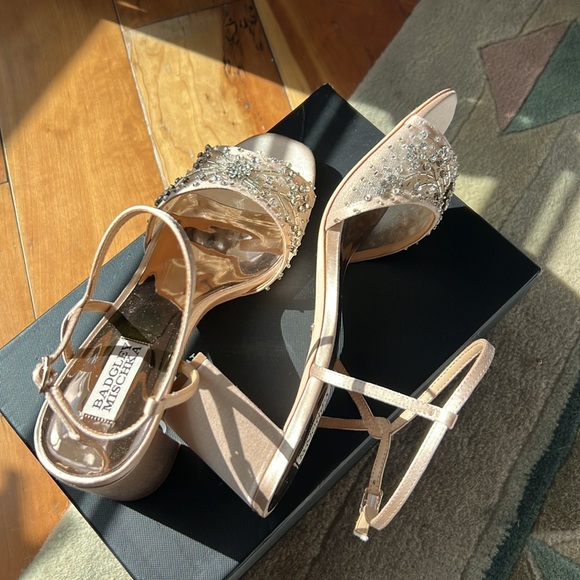 Badgley Mischka Blaine Embellished Block Heel Latte Satin - Picture 6 of 13